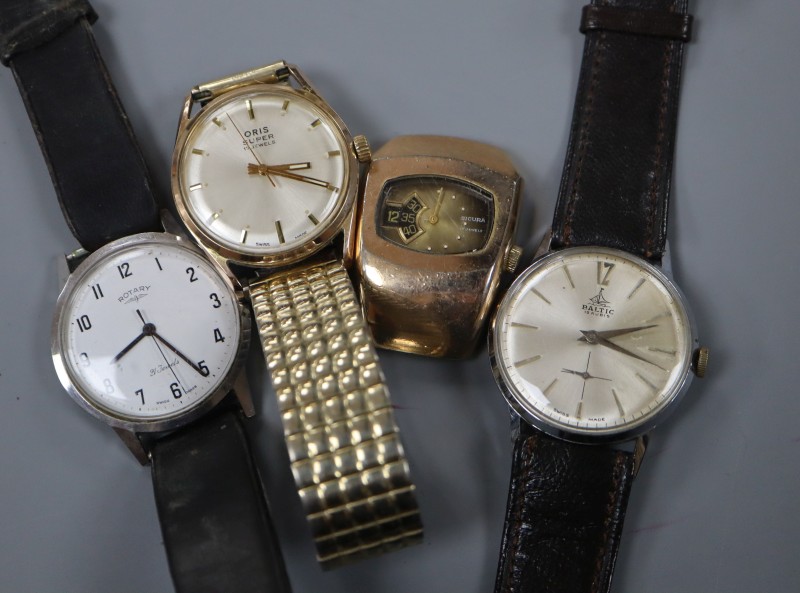 Four assorted gentlemans steel wrist watches, including Oris.